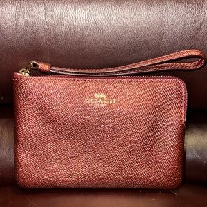 Coach Metallic Cherry Red Leather Corner Zip Wristlet